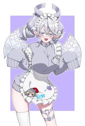 1girl absurdres apron blush breasts chiro_(chirolchoco25) commentary_request cowboy_shot demon_girl demon_horns demon_wings drill_hair duel_monster garter_straps grey_eyes grey_hair grey_jacket highres horns jacket knight_(yu-gi-oh!) large_breasts lovely_labrynth_of_the_silver_castle o-ring pointy_ears sleeves_past_wrists slit_pupils solo sweat thighhighs track_jacket twin_drills white_thighhighs white_wings wings yu-gi-oh!