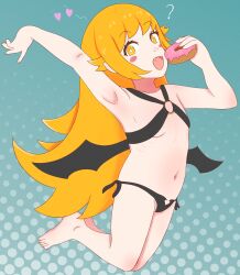 1girl ? absurdres aqua_background arm_above_head arm_up bat_wings bikini black_bikini blonde_hair breasts donut eating eyelashes fangs feet_up female_focus food from_side full_body hand_up highres jumping loli long_hair looking_at_viewer looking_to_the_side matching_hair/eyes monogatari_(series) navel nyayoko open_mouth oshino_shinobu side-tie_bikini_bottom simple_background small_breasts smile solo swimsuit toenails toes vampire wings yellow_eyes