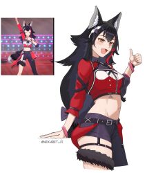 1girl animal_ear_fluff animal_ears black_hair blush cropped_legs groin hair_between_eyes hair_ornament highres hololive long_hair long_sleeves midriff multicolored_hair ookami_mio open_mouth reference_inset simple_background smile solo streaked_hair tail_around_own_leg thigh_strap thighhighs thumbs_up virtual_youtuber white_background wolf_ears wolf_girl