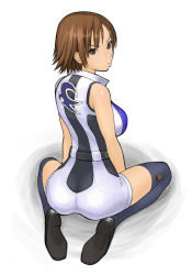 1girl ass back belt brown_eyes brown_hair female_focus from_above from_behind hawk_(artist) hawk_(cwmg) kazama_asuka kneehighs kneeling lips loafers looking_at_viewer looking_back pout puckered_lips romper shoes short_hair sitting socks solo squatting tekken thighhighs