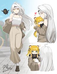 2girls absurdres ahoge alternate_costume animal_ears animal_print artist_logo black_shirt brown_jacket brown_pants brown_shoes chibi commentary_request green_eyes heart highres hug jacket ju_fufu korean_commentary lifting_person logo long_hair multiple_girls notice_lines off_shoulder ooyun pants shirt shoes single_hair_intake socks tail tank_top tiger_ears tiger_print tiger_tail twitter_username white_hair white_socks white_tank_top yellow_eyes yellow_jacket yi_xuan_(zenless_zone_zero) zenless_zone_zero