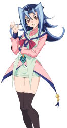 1girl black_thighhighs blue_hair covered_collarbone cowboy_shot diamond_cutout dress colored_bangs flipped_hair highres jacket jewelry kamishiro_rio knhrpnkt long_hair long_sleeves looking_at_viewer multicolored_hair red_eyes ring sailor_collar short_dress simple_background smile solo standing thighhighs two-tone_hair white_background yu-gi-oh! yu-gi-oh!_zexal zettai_ryouiki