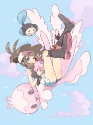 1girl antenna_hair baseball_cap black_vest blue_background blue_eyes boots brown_hair closed_mouth commentary_request creatures_(company) denim denim_shorts eyelashes frillish frillish_(female) game_freak gen_5_pokemon hat high_ponytail hilda_(pokemon) holding holding_pokemon huan_li long_hair looking_at_viewer munna nintendo one-hour_drawing_challenge one_eye_closed pokemon pokemon_(creature) pokemon_bw ponytail shiny_skin short_shorts shorts sidelocks smile socks tympole vest wristband