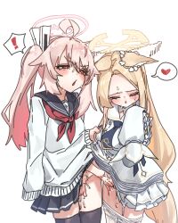 ! 2girls absurdres ahoge animal_ears black_skirt black_thighhighs blonde_hair blue_archive cardigan closed_eyes clothes_lift clothes_pull dress dress_lift fingering fox_ears fox_girl fox_tail halo heart highres ilyowal long_hair multiple_girls natsu_(blue_archive) neckerchief pantyhose pantyhose_pull pink_hair pink_halo red_eyes red_neckerchief seia_(blue_archive) side_ponytail simple_background skirt skirt_lift spoken_exclamation_mark spoken_heart tail thighhighs white_background white_cardigan white_dress white_pantyhose yellow_halo yuri