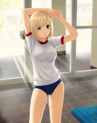 1girl :o arms_up bench blonde_hair blue_buruma blue_eyes breasts buruma day eyes_visible_through_hair glass_door gym_shirt gym_uniform highres indoors medium_breasts nonaka_ritsu original parted_lips puffy_short_sleeves puffy_sleeves shirt short_sleeves solo standing stretching sunlight swept_bangs tile_floor tiles white_shirt