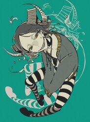 1boy afterimage black_choker black_hair black_shoes cevio choker cross cross_necklace demon_boy evil_smile forehead goat_horns green_background haikokyuu head_tilt highres horns jacket jewelry looking_at_viewer medium_hair necklace quixote_(cevio) sharp_teeth shoes smile striped_clothes striped_thighhighs teeth thighhighs