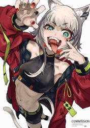 Rule 34 | 1girl, animal ears, cat ears, fangs, highres, long tongue, mayamadesu, midriff, nail polish, sharp teeth, tagme, tail, teeth, tongue, tongue out