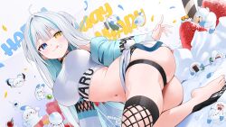 1girl :q absurdres ass blue_eyes blush breasts character_request commentary copyright_request cream cream_on_face crop_top cropped_shirt food food_on_face hair_intakes happy_birthday heterochromia highres large_breasts long_hair looking_at_viewer meettheton midriff navel shirt skindentation smile thigh_strap thighs tongue tongue_out white_hair white_shirt yellow_eyes