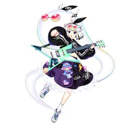 1girl alternate_costume alternate_hairstyle black_hairband black_skirt blue_eyes character_doll clenched_hand doll double_bun eyewear_on_head game_cg green_nails grey_hair guitar hair_bun hairband heart highres holding holding_guitar holding_instrument instrument konpaku_youmu konpaku_youmu_(ghost) konpaku_youmu_(lostwordlive2025) long_sleeves looking_at_viewer midriff navel official_art open_mouth puffy_long_sleeves puffy_sleeves rotte_(1109) round_eyewear saigyouji_yuyuko sheath sheathed shoes skirt sneakers socks solo sword third-party_source touhou touhou_lostword unworn_clothes weapon white_shoes white_socks