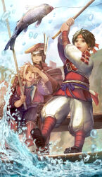 absurdres beret black_hair brown_eyes family father_and_son fish fishing fishing_rod hat highres japanese_clothes kimono multicolored_hair sanada_masayuki sanada_nobuyuki sanada_yukimura_(sengoku_musou) sengoku_musou two-tone_hair water white_hair