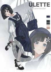 1girl absurdres beret black_hair black_shoes blue_bag blue_dress blue_eyes blue_hat bob_cut color_guide commentary dress hat highres long_sleeves multiple_views open_mouth original pantyhose pinafore_dress shirt shoes short_hair sleeveless sleeveless_dress sleeves_past_wrists standing standing_on_one_leg ulette white_pantyhose white_shirt