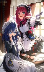 2girls apron bedroom black_dress black_ribbon black_thighhighs blue_hair blunt_bangs blush bow braid breasts brooch chest_bow collared_dress commentary_request covering_own_mouth crystal_wings curtains detached_wings double-parted_bangs double_halo dress drill_hair drill_sidelocks embroidery fanged_bangs flower frilled_apron frilled_dress frills garter_straps grabbing_own_hair hair_between_eyes hair_bow hair_intakes hair_over_shoulder hair_ribbon hairband halo hat heterochromia highres hololive hololive_english horns indoors irys_(hololive) irys_(maid)_(hololive) jewelry juliet_sleeves kito_koruta kneeling lace lace-trimmed_collar lace-trimmed_dress lace-trimmed_hairband lace_trim layered_sleeves lolita_hairband long_dress long_hair long_sleeves looking_at_viewer low_twin_braids maid maid_apron mob_cap multiple_girls official_alternate_costume official_alternate_hairstyle on_bed open_mouth ouro_kronii ouro_kronii_(maid) pocket_watch pointy_ears puffy_sleeves puritan_collar purple_eyes purple_hair red_flower red_rose ribbon rose short_dress sidelocks signature sitting smile star_halo teeth thighhighs twin_braids upper_teeth_only victorian_maid virtual_youtuber waist_bow watch white_apron wide_sleeves window wings