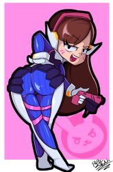 1girl artist_request ass bodysuit brown_hair d.va_(overwatch) facial_mark from_behind gun handgun highres long_hair looking_at_viewer looking_back open_mouth overwatch skin_tight smile solo weapon whisker_markings
