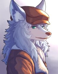 1boy animal_ears brown_hat brown_jacket commentary english_commentary fate/grand_order fate_(series) fur-trimmed_jacket fur_trim furry furry_male green_eyes hat hierotubas highres jacket looking_at_viewer male_focus patxi_(fate) smile upper_body wolf_boy wolf_ears