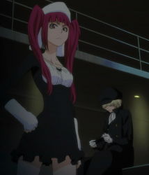 Rule 34 | anime screenshot, bleach, blonde hair, dokugamine riruka, hat, long hair, pink hair, red eyes, stitched, third-party edit, twintails, yukio hans vorarlberna