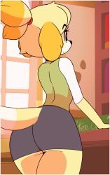 1girl animal_crossing animal_ears animated animated_gif anus artist_name ass black_eyes blonde_hair blue_skirt book bookshelf border breasts civibes cleft_of_venus closed_mouth clothes_lift cowboy_shot desk dog_ears dog_girl dog_tail english_text female_focus from_behind furry furry_female green_vest hair_tie half-closed_eyes happy indoors isabelle_(animal_crossing) jiggle lifting_own_clothes looking_at_viewer looking_back medium_breasts nintendo no_panties open_mouth patreon_username pencil_skirt presenting pussy shirt short_hair signature skirt skirt_lift smile solo speech_bubble standing tail tail_wagging talking teeth text_focus topknot uncensored vest white_border white_shirt window