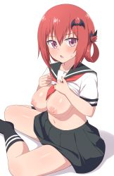 Rule 34 | 1girl, blush, breasts, breasts out, clothes lift, gabriel dropout, highres, large breasts, lifting own clothes, long hair, looking at viewer, medium breasts, nipples, nyaroon, open mouth, purple eyes, red hair, satanichia kurumizawa mcdowell, school uniform, serafuku, shirt lift, sitting, skirt, solo, sweatdrop, white background