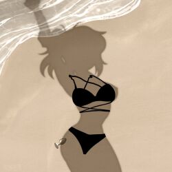 1girl arm_behind_head arm_up beach bikini black_bikini breasts coffinof_leyley dressed_shadow_(meme) highres implied_nudity meme ocean renee_graves sand shadow solo swimsuit the_coffin_of_andy_and_leyley unworn_bikini unworn_butt_plug water