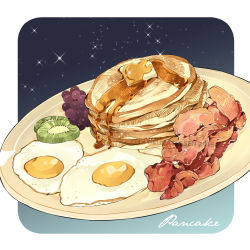 bacon blue_background butter egg egg_(food) english_text food food_focus fried_egg fruit gradient_background grapes kiwi_(fruit) kiwi_slice le_delicatessen meat no_humans original pancake pancake_stack plate simple_background sparkle still_life syrup white_background