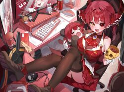 1girl absurdres bare_shoulders black_leotard black_thighhighs breasts chair cleavage computer_keyboard computer_mouse cropped_jacket cup game_console gaming_chair gloves heterochromia highres holding holding_cup hololive houshou_kumarine houshou_marine houshou_marine_(1st_costume) jacket large_breasts leotard long_hair monitor newda_al playstation_5 playstation_controller red_eyes red_hair red_jacket see-through_cleavage see-through_clothes see-through_leotard shiranui_flare shiranui_flare_(1st_costume) shirogane_noel shirogane_noel_(1st_costume) sleeveless sleeveless_jacket solo swivel_chair thighhighs twintails usada_pekora usada_pekora_(1st_costume) virtual_youtuber white_gloves yellow_eyes