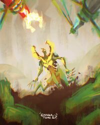 Rule 34 | 2boys, absurdres, alien, ben 10, blue eyes, chromatic aberration, colored skin, crystal hand, enagatori 38, extra arms, glowing, glowing hand, green skin, highres, kevin levin, male focus, monster, multiple boys, omnitrix, one-eyed, plant, signature, solo, veins, wildvine
