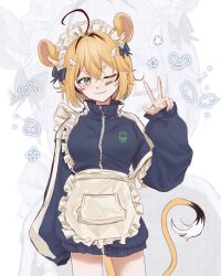 1girl :3 ahoge angel_wings_hair_ornament animal_ears apron bandaid bandaid_on_face blonde_hair blue_bow bow brown_hair commentary dooby_(vtuber) frilled_apron frills green_eyes hair_bow hair_ornament hand_up happy_(yppah1060) high_collar highres indie_virtual_youtuber jacket jerboa_tail jersey_maid kaomoji light_smile maid maid_headdress mouse_ears mouse_girl multicolored_hair multiple_hair_bows one_eye_closed short_eyebrows sleeves_past_wrists solo star_(symbol) streaked_hair track_jacket turtleneck turtleneck_jacket unconventional_maid virtual_youtuber w waist_apron white_apron white_hair wing_hair_ornament zipper_pull_tab