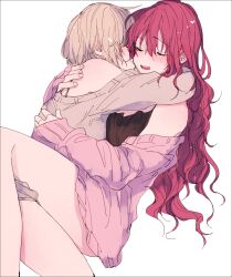 2girls amane_(7783) between_legs black_camisole blonde_hair blush brown_sweater camisole cardigan closed_eyes commentary_request highres hug ichinose_shiki idolmaster idolmaster_cinderella_girls long_hair miyamoto_frederica multiple_girls off_shoulder open_mouth pink_cardigan red_hair short_hair simple_background smile sweat sweater white_background yuri