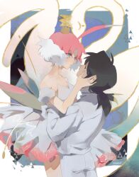1boy 1girl ahiru_(princess_tutu) aqua_eyes ballerina bare_shoulders bird black_hair crown detached_sleeves dress fakir_(princess_tutu) formal_clothes heliyoru highres long_hair pink_hair ponytail princess_tutu princess_tutu_(character) puffy_short_sleeves puffy_sleeves short_hair short_sleeves suit swan tutu white_dress white_suit