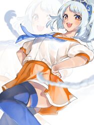 1girl aqua_headband blue_hair blue_hairband blue_thighhighs body_markings braid breasts dark_skin fish-shaped_pupils genshin_impact hairband hands_on_own_hips highres looking_at_viewer low_twin_braids miniskirt mualani_(genshin_impact) necktie open_mouth orange_sailor_collar orange_skirt sailor_collar shirt skirt solo standing symbol-shaped_pupils tan thighhighs twin_braids white_shirt yohirart