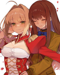2girls :d ahoge bad_id bad_twitter_id blue_bow blush bow breasts brown_hair cleavage closed_eyes couple dress epaulettes fate/extra fate_(series) green_eyes hair_intakes hair_ribbon hand_on_another&#039;s_waist hand_up highres juliet_sleeves kishinami_hakuno_(female) long_hair long_sleeves medium_breasts multiple_girls nero_claudius_(fate) nero_claudius_(fate/extra) open_mouth petals puffy_sleeves raised_eyebrows red_dress red_ribbon ribbon rose_petals school_uniform sidelocks simple_background smile tsukumihara_academy_uniform_(fate/extra) upper_body uxco0 white_background yuri
