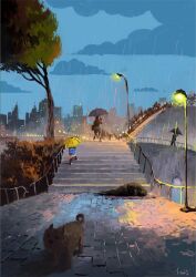 Rule 34 | 4others, blue sky, building, bush, cat, city, cloud, hill, holding, holding umbrella, lamppost, multiple others, original, painting (medium), plant, railing, scenery, sky, sleepy, slow d, stairs, traditional media, tree, umbrella