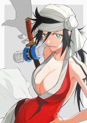Rule 34 | 1girl, absurdres, amputee, black hair, bleach, breasts, cleavage, collarbone, green eyes, highres, jo jjo 29, large breasts, long hair, shiba kuukaku, solo, sword, weapon