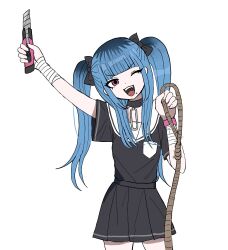 1girl amemiya_darumi bandaged_arm bandages black_bow black_hair black_shirt black_skirt blue_hair bow boxcutter collar face_piercing female_focus hair_bow holding holding_boxcutter holding_rope holding_weapon lip_piercing long_hair looking_at_viewer multicolored_hair noose one_eye_closed open_mouth piercing pink_eyes rope shirt simple_background skirt solo solo_focus teeth the_hundred_line_-last_defense_academy- tongue twintails upper_teeth_only weapon white_background