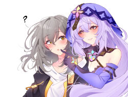 Rule 34 | 2girls, ?, bare shoulders, black jacket, black swan (honkai: star rail), breasts, cleavage, commission, detached sleeves, finger to another&#039;s mouth, gloves, grey hair, hair between eyes, highres, honkai: star rail, honkai (series), jacket, long hair, midori (midori13579), multicolored eyes, multiple girls, open mouth, parted lips, purple eyes, purple gloves, purple hair, purple veil, shirt, simple background, smile, stelle (honkai: star rail), surprised, trailblazer (honkai: star rail), two-tone eyes, upper body, veil, very long hair, white background, white shirt, yellow eyes, yuri