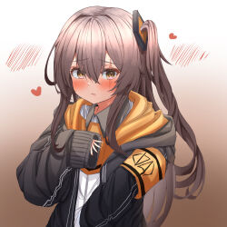 1girl absurdres armband black_jacket blush brown_background brown_eyes brown_hair commentary_request crossed_bangs double-parted_bangs frown girls&#039;_frontline gradient_background hair_between_eyes hair_intakes hand_on_own_chest heart highres hood hood_down hooded_jacket jacket long_hair long_sidelocks long_sleeves looking_to_the_side nanahosi45 one_side_up open_clothes open_jacket parted_lips scar scar_across_eye scar_on_face shirt shy sidelocks simple_background sleeves_past_wrists solo ump45_(girls&#039;_frontline) upper_body white_shirt wing_collar yellow_armband yellow_hood