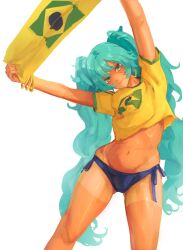 Rule 34 | 1girl, absurdres, aqua eyes, aqua hair, bikini, blue bikini, bracelet, brazilian flag, brazilian flag print, brazilian miku, closed mouth, crop top, dark-skinned female, dark skin, earrings, flag print, hatsune miku, highres, jewelry, long hair, multiple bracelets, navel, shirt, simple background, smile, solo, spicyyrum, swimsuit, tan, tanline, twintails, very long hair, vocaloid, white background, yellow shirt
