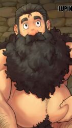 1boy absurdres bara beard belly belly_grab brown_hair cowboy_shot dungeon_meshi dwarf facial_hair fat fat_man highres long_beard lupin_barnabi male_focus mature_male mustache navel navel_hair nude paid_reward_available senshi_(dungeon_meshi) solo stomach tareme thick_arm_hair thick_eyebrows thick_mustache very_long_beard wide-eyed