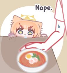 1girl animal_ears blue_archive blunt_bangs bowl brown_background chibi closed_mouth drooling english_text food frown halo hands_up highres horuhara kamaboko long_sleeves looking_at_food mari_(blue_archive) motion_blur narutomaki no_nose orange_hair saliva shirt short_sleeves solo_focus sweatdrop v-shaped_eyebrows white_background yellow_halo