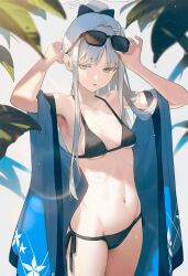 1girl ai-assisted alternate_costume bikini black_bikini blue_archive blue_haori breasts colored_eyelashes eyewear_on_head grey_eyes hair_ornament halo haori highres japanese_clothes long_hair looking_at_viewer nagusa_(blue_archive) navel poki_(j0ch3fvj6nd) ponytail side-tie_bikini_bottom small_breasts snowflake_hair_ornament solo sunglasses swimsuit white_eyelashes white_eyes white_halo