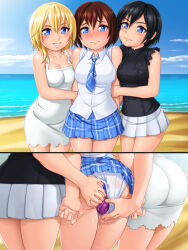 3girls anal anal_object_insertion ass beach black_shirt blonde_hair blue_eyes blue_skirt blush breasts brown_hair censored cowboy_shot day dildo dress female_focus harmonist11 highres jewelry kairi_(kingdom_hearts) kingdom_hearts looking_at_viewer medium_breasts miniskirt mosaic_censoring multiple_girls namine object_insertion outdoors panties pleated_skirt red_hair school_uniform sex_toy shirt short_hair skirt smile trembling underwear vaginal vaginal_object_insertion water white_dress white_panties xion_(kingdom_hearts)