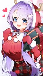 1girl :d absurdres antlers blue_archive blue_eyes blush breasts commentary_request cowboy_shot deer_hood fang hair_ornament hanae_(blue_archive) hanae_(christmas)_(blue_archive) heart heart_hair_ornament highres hood hood_up horns huge_breasts long_hair long_sleeves low_twintails mittens official_alternate_costume open_mouth plaid_clothes plaid_skirt purple_hair red_mittens red_skirt red_sweater reindeer_antlers ribbed_sweater shirt simple_background skin_fang skirt smile solo stuffed_animal stuffed_rabbit stuffed_toy sweater tented_shirt twintails very_long_hair white_background white_shirt zukki0731