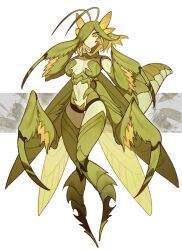 1girl antennae arthropod_girl arthropod_limbs arthropod_tail blonde_hair colored_inner_hair colored_sclera colored_skin commentary_request extra_arms full_body green_hair green_sclera green_skin hair_over_one_eye highres insect_wings leaf leaf_background looking_at_viewer mantis_girl monster_girl multicolored_hair no_feet original pigeon-toed ruteko_(ruko220) short_hair solo tail white_background wings yellow_eyes