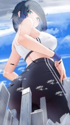 aircraft airplane ass black_pants blue_eyes blue_hair bombing building city cloud cloudscape day earrings explosion from_below genshin_impact giant giantess handband highres jewelry looking_down macrophilia midriff pants shirt short_hair sky third-party_edit twitter white_shirt yelan_(genshin_impact)