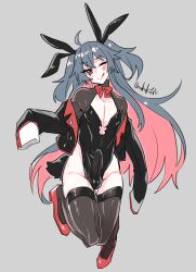 2boys ;q androgynous animal_ears black_leotard black_thighhighs blue_hair blush bulge colored_inner_hair condom full_body grey_background haoro highres leotard male_focus male_playboy_bunny multicolored_hair multiple_animal_ears multiple_boys one_eye_closed original rabbit_ears red_shoes shoes signature simple_background thighhighs tongue tongue_out twintails two-tone_hair two_side_up white_background