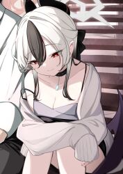 0mooide 1boy 1girl arms_on_knees black_choker black_dress black_hair black_horns blue_archive breasts choker cleavage collarbone commentary_request crossed_arms demon_horns demon_wings diamond_necklace dress dress_shirt grey_halo grey_jacket halo highres horns jacket kayoko_(blue_archive) kayoko_(dress)_(blue_archive) leaning_on_person mole mole_on_collarbone multicolored_hair official_alternate_costume purple_wings red_eyes sensei_(blue_archive) shirt single_wing sitting sitting_on_stairs smile stairs strap_slip studded_choker two-tone_hair white_hair wings