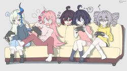 Rule 34 | 5girls, 5jiraaaaa, ?, ??, ahoge, anger vein, black hair, black shirt, black socks, blank eyes, blue eyes, blue hair, blue pants, bronya zaychik, brown pants, closed mouth, collared shirt, commentary, controller, couch, dress shirt, drill hair, eighth note, english commentary, flying sweatdrops, game controller, grey background, grey eyes, grey hair, grey socks, hair between eyes, highres, holding, honkai (series), honkai impact 3rd, hood, hood down, hoodie, liliya olenyeva, long sleeves, multicolored hair, multiple girls, musical note, notice lines, on couch, one eye closed, open mouth, pants, pink hair, pink shirt, puffy long sleeves, puffy sleeves, red eyes, red hair, rozaliya olenyeva, seele (alter ego), seele vollerei, shirt, short sleeves, simple background, sitting, smile, socks, spoken question mark, twin drills, twintails, twitter username, two-tone hair, wavy mouth, yellow hoodie