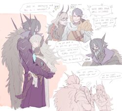 Rule 34 | 2boys, 2girls, 30sugarnoice, alfonse (fire emblem), anger vein, armor, black armor, black horns, black mask, blue hair, carrying, carrying person, cheek pinching, closed eyes, commentary, domino mask, english text, fire emblem, fire emblem heroes, flying sweatdrops, fur trim, gauntlets, grey hair, hair between eyes, high collar, highres, horned mask, horns, jealous, lif (fire emblem), long hair, mask, mouth mask, multiple boys, multiple girls, nintendo, official alternate costume, pauldrons, pinching, profile, red eyes, short hair, shoulder armor, simple background, single pauldron, sleeping, speech bubble, swept bangs, symbol-only commentary, thrasir (fire emblem), veronica (brave princess) (fire emblem), veronica (fire emblem), white background, zzz