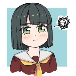 1girl 3: blue_background blunt_bangs blunt_ends bob_cut border brown_dress closed_mouth dress flower_knot frown green_eyes green_hair hasu_no_sora_school_uniform highres link!_like!_love_live! love_live! momose_ginko neckerchief outside_border sailor_collar sailor_dress school_uniform sen_yousoro short_hair solo split_mouth squiggle twitter_username virtual_youtuber white_border white_sailor_collar winter_uniform yellow_neckerchief