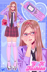 Rule 34 | 1girl, absurdres, aegyo sal, black necktie, blue eyes, blush, brown hair, cardigan, cellphone, commentary, fashion, feature phone, full body, glasses, hairband, heart, heart-shaped bag, highres, kabuto (kabuto17101), lipgloss, long hair, multiple views, necktie, open cardigan, open clothes, original, phone, pink skirt, plaid clothes, plaid skirt, pleated skirt, purple cardigan, purple thighhighs, shiny skin, skirt, solo focus, symbol-only commentary, thighhighs, y2k fashion, zettai ryouiki