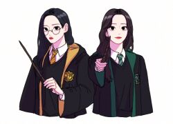 2girls black_hair brown_hair choerry collared_shirt commentary_request doo_twodot glasses hair_behind_ear harry_potter_(series) holding holding_wand hood hooded_coat hufflepuff k-pop korean_commentary long_hair looking_at_viewer loona_(group) multiple_girls necktie olivia_hye real_life shirt simple_background slytherin smile upper_body wand white_background white_shirt wizarding_world